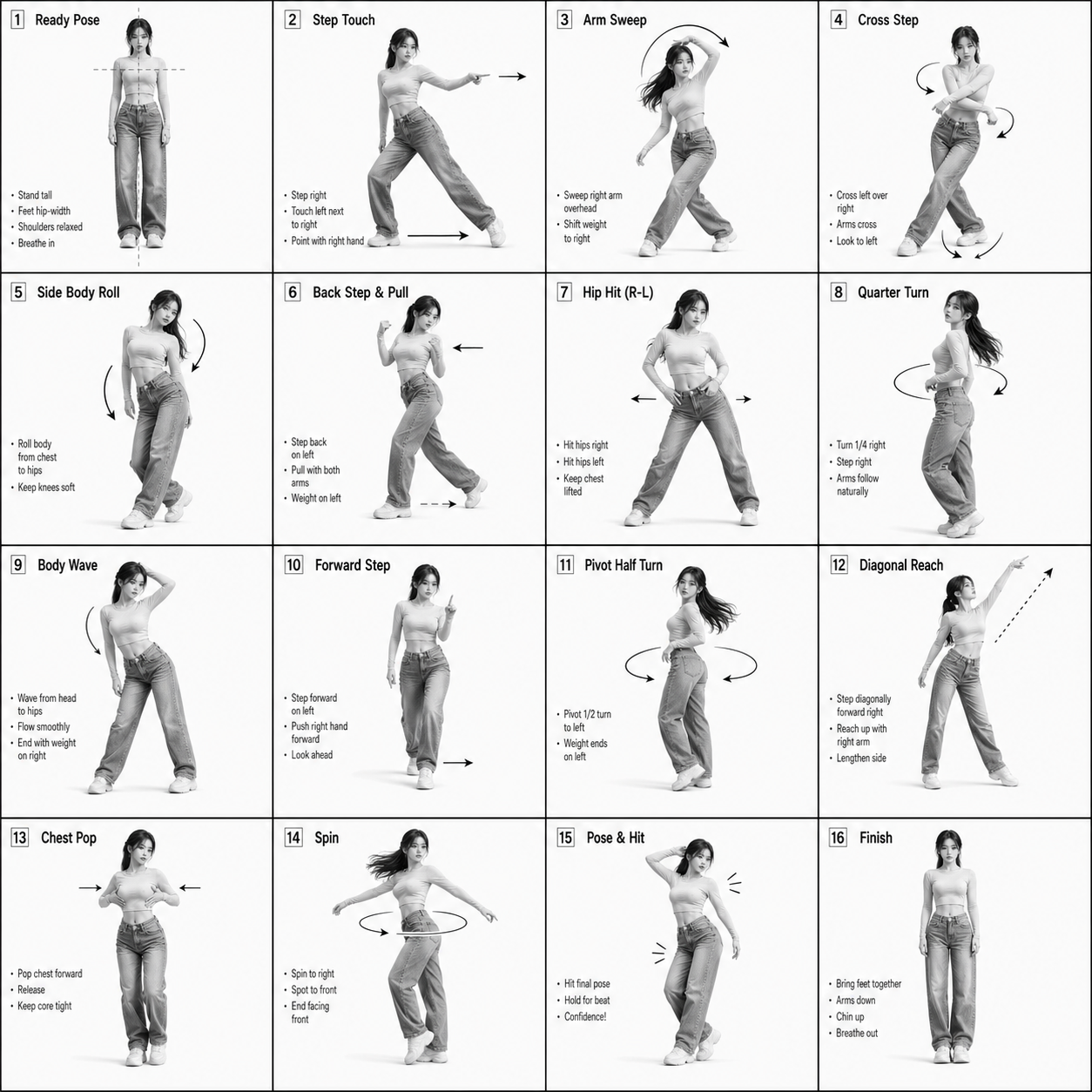 Monochrome 16-frame Korean streetwear dance instruction sheet in a 4x4 grid