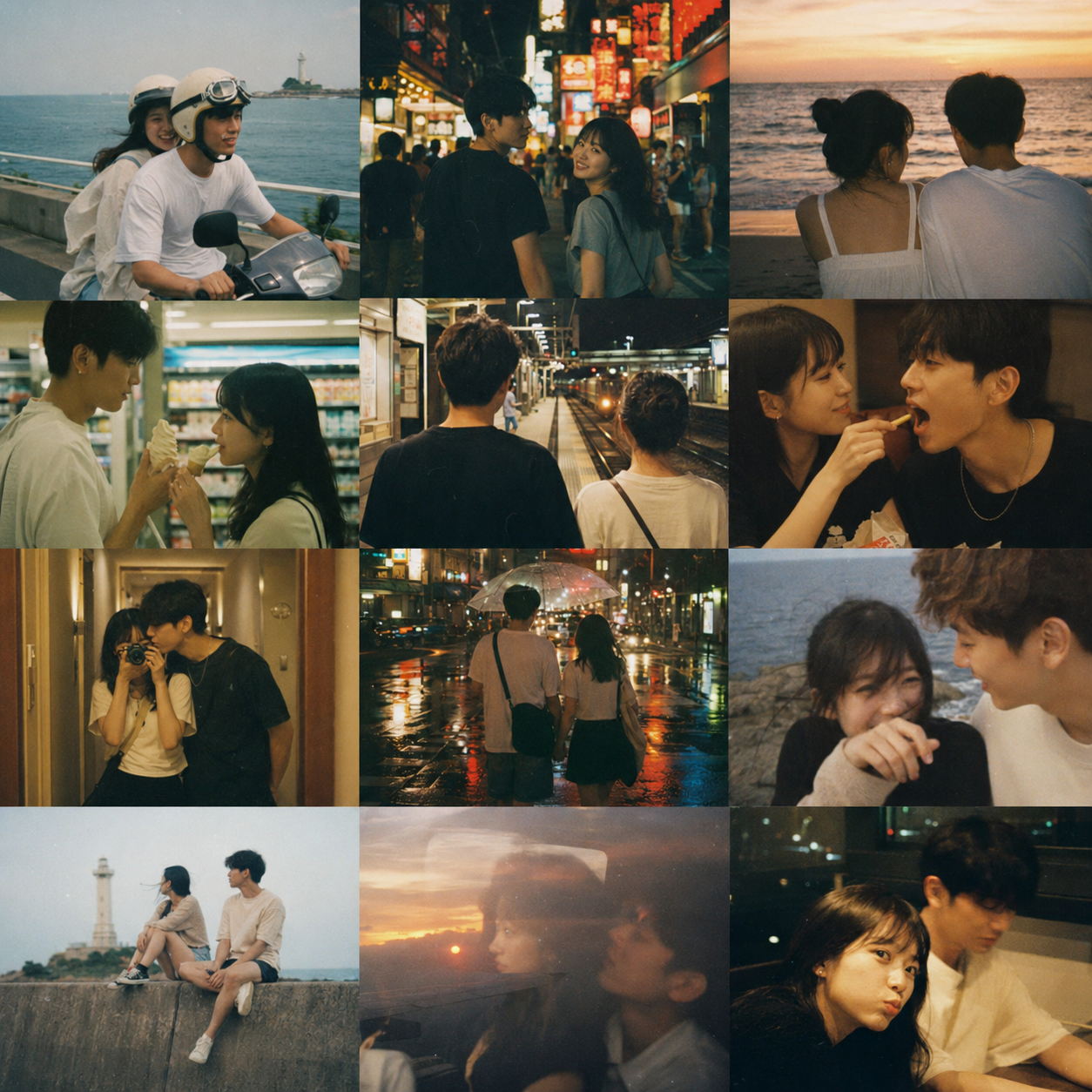 Nostalgic 12-photo travel collage of a young couple with film grain and seaside memories