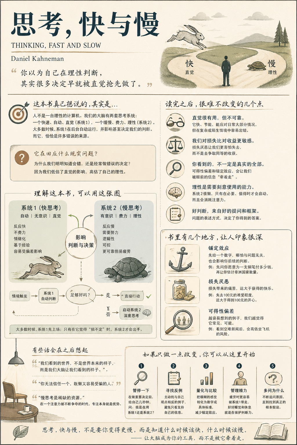 Book-summary infographic poster for Thinking, Fast and Slow in a modern minimal UI with soft retro illustration accents