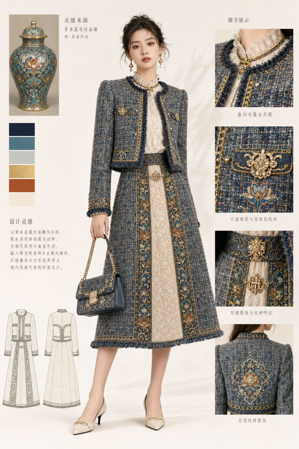 Fashion design presentation of a refined tweed outfit inspired by Chinese palace artifact patterns