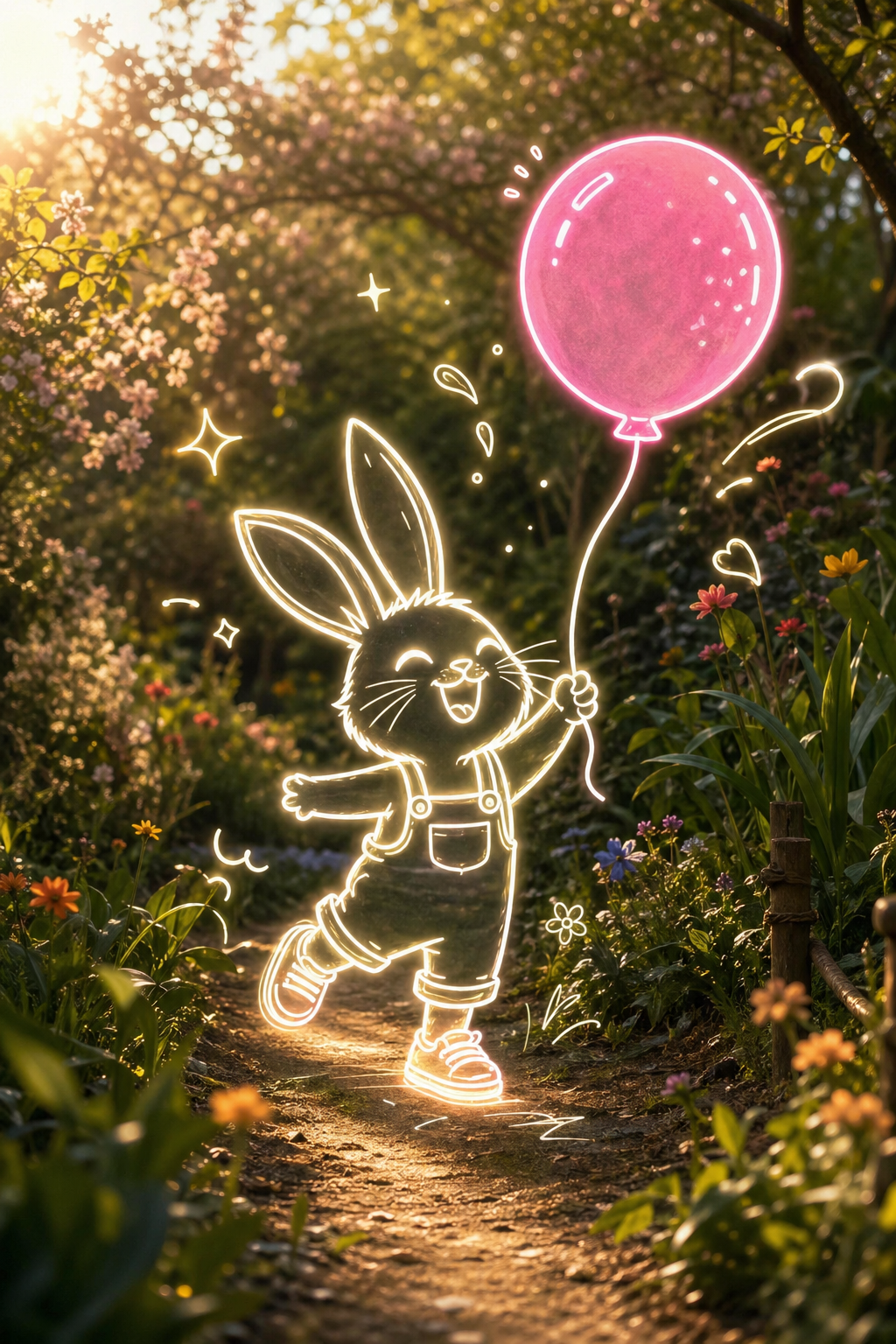 Glowing neon line-art rabbit holding a pink balloon on a real sunlit botanical garden path with bokeh
