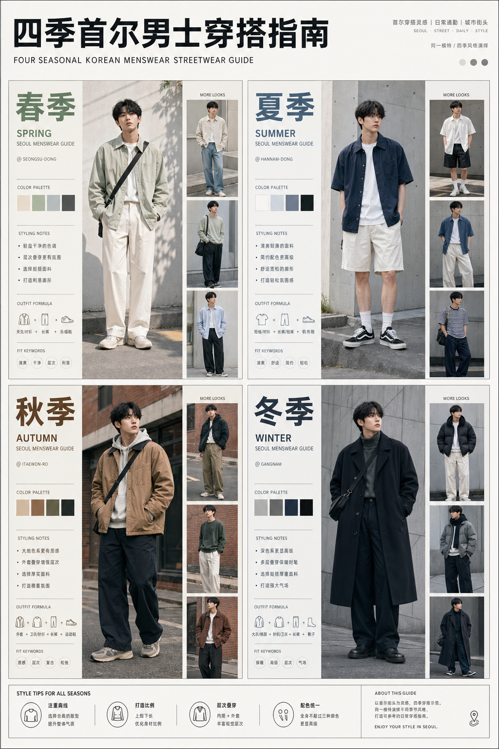 Editorial four-panel Korean menswear streetwear guide for spring summer autumn and winter