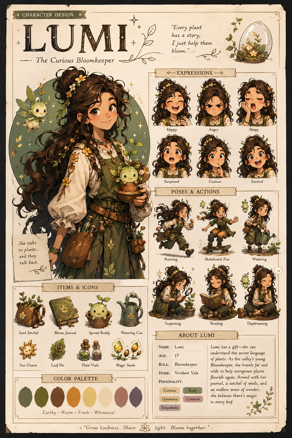 Original character asset poster with portrait expressions icons palette and profile details