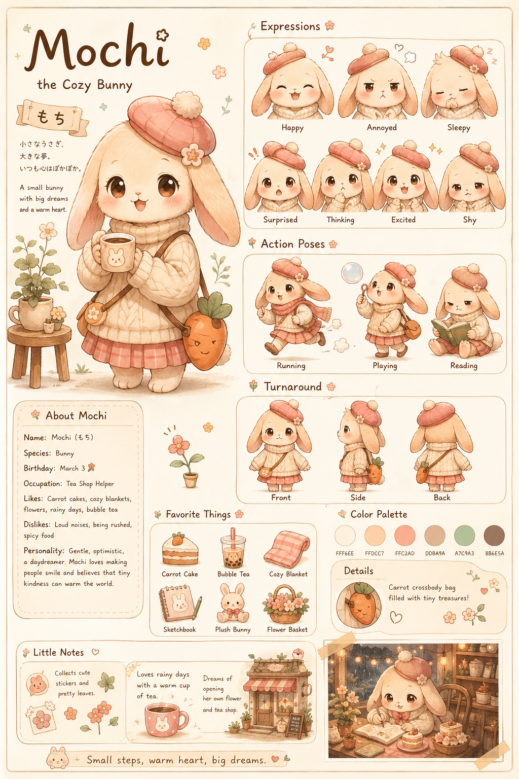 Cozy kawaii original character design sheet with portrait expressions action poses icons and palette