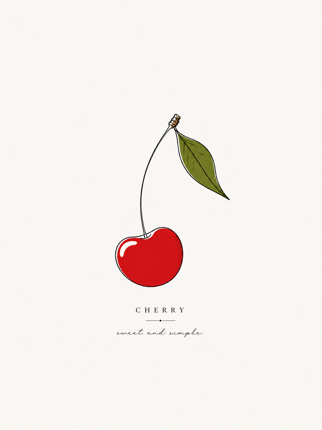 Minimal line illustration of a red cherry with a green leaf and elegant negative space
