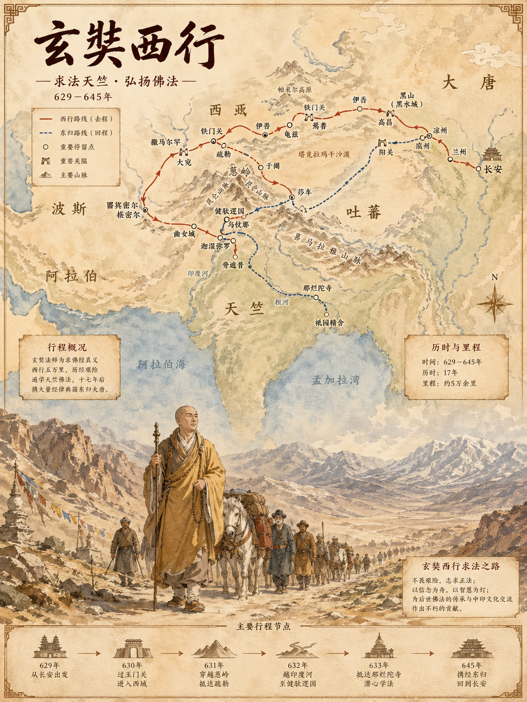 Vertical watercolor historical infographic about Xuanzang's westward journey with route map and scene illustration