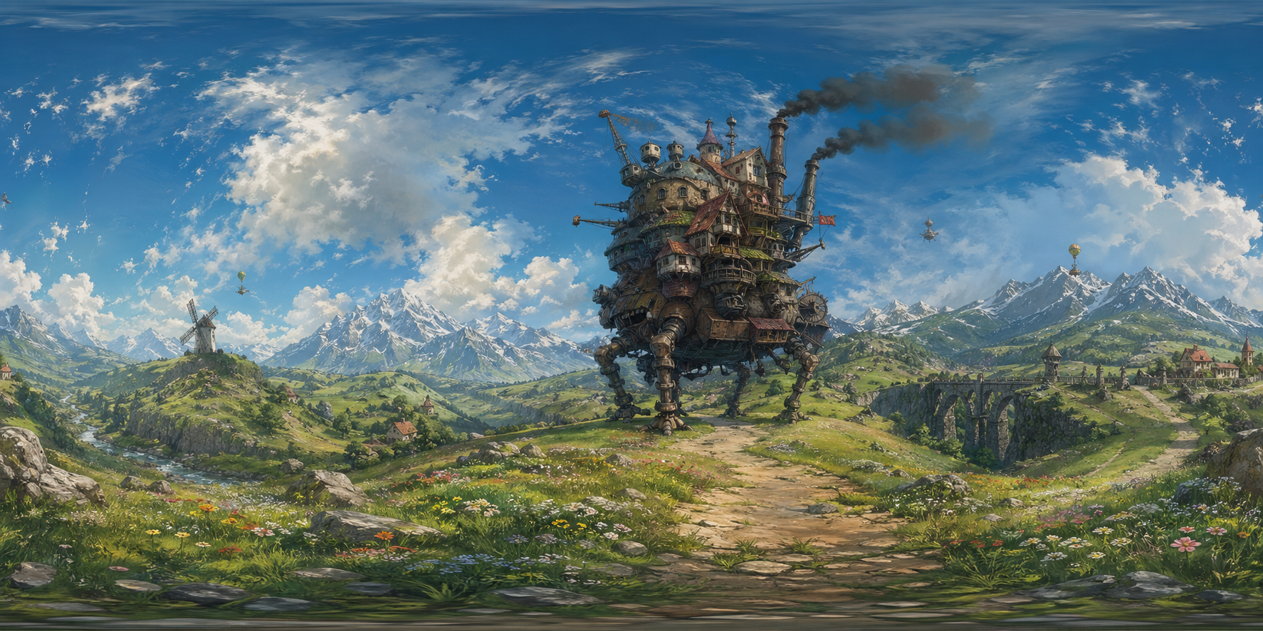 Seamless equirectangular panorama of an original whimsical steampunk walking castle roaming through magical countryside