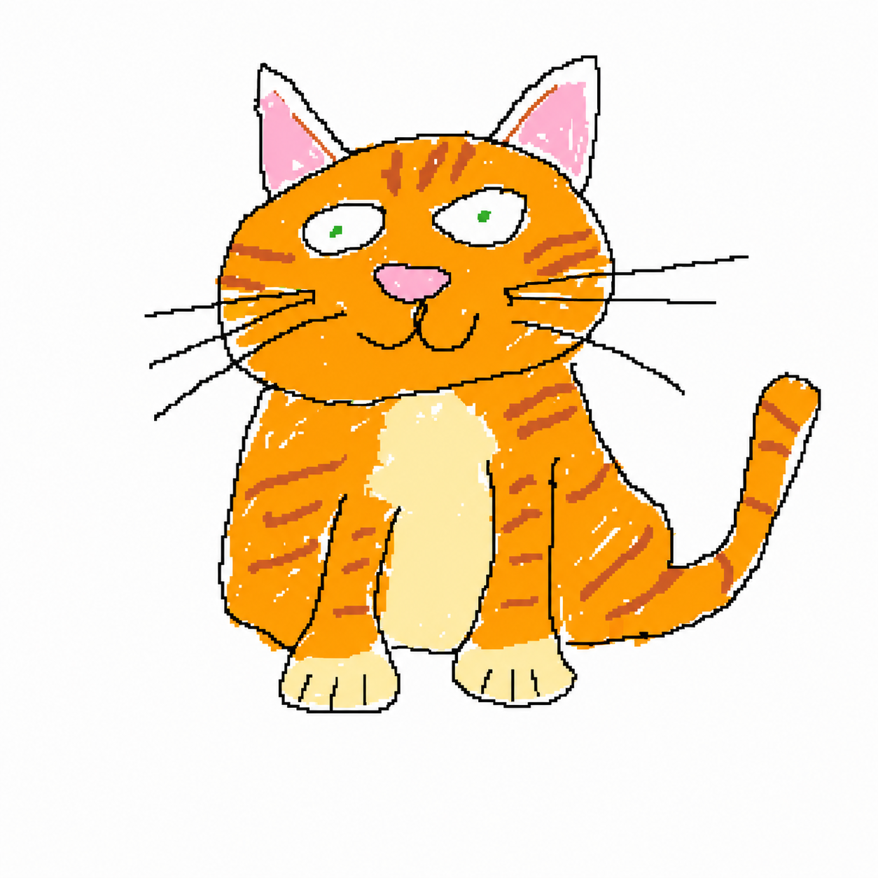 Clumsy MS Paint style scribbly orange tabby cat on a white background