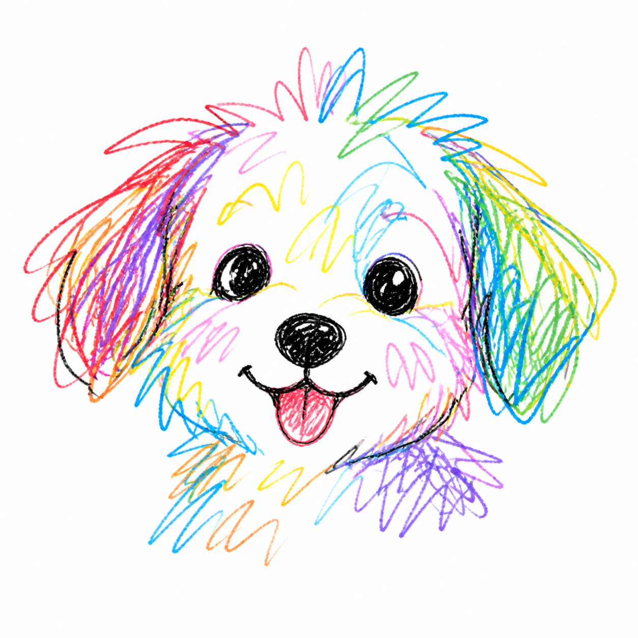 Colorful messy doodle line portrait of an original puppy on a white background
