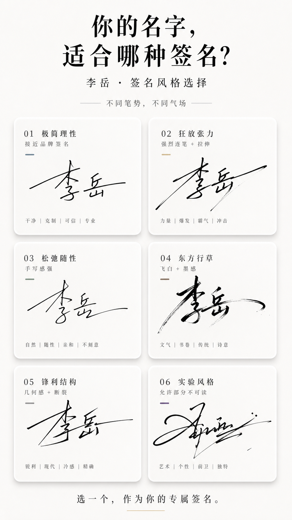 Minimal vertical poster showing six signature style options for the Chinese name Li Yue