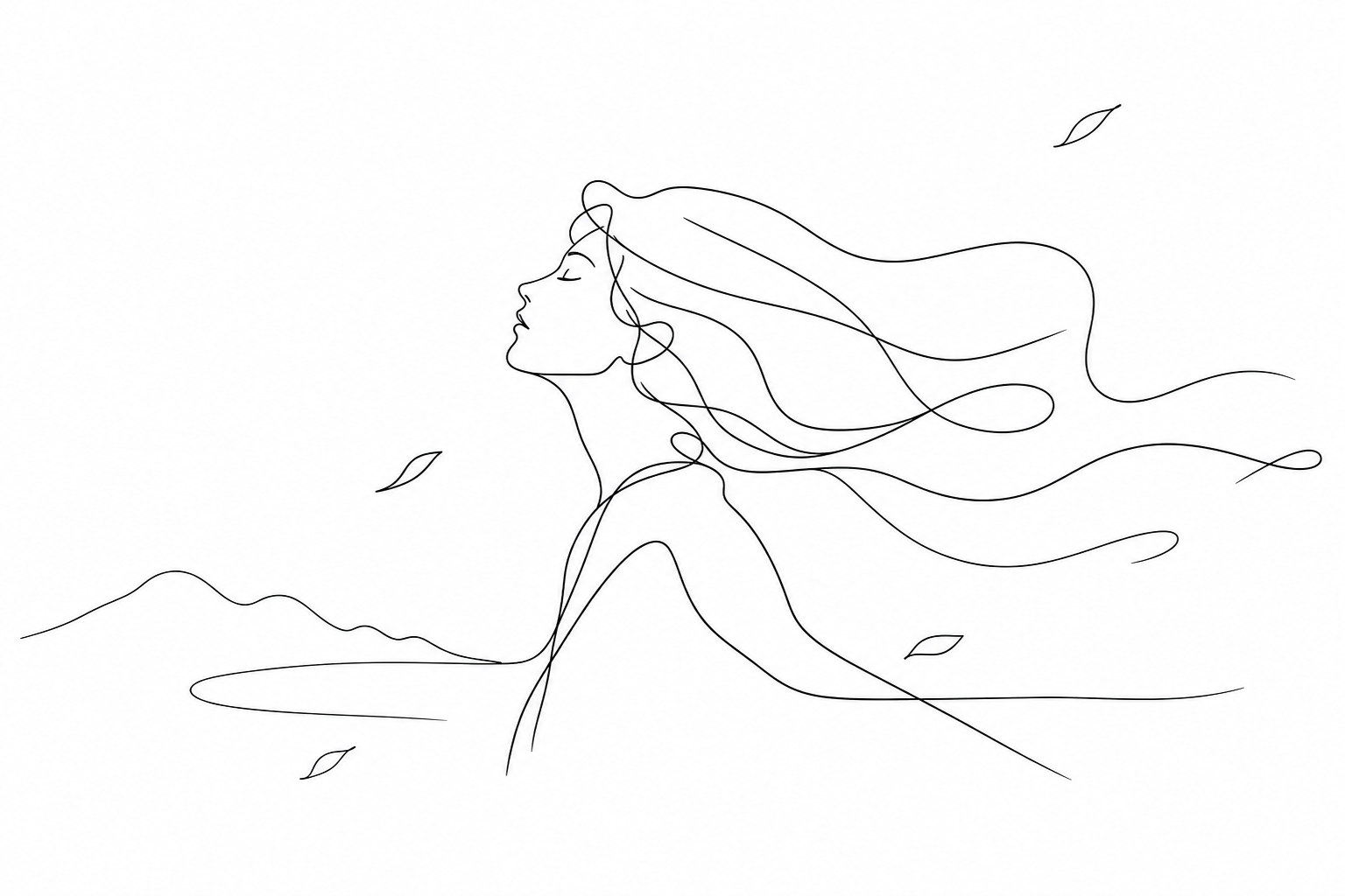 Minimal continuous black line drawing on a white background expressing wind through flowing strokes and generous white space