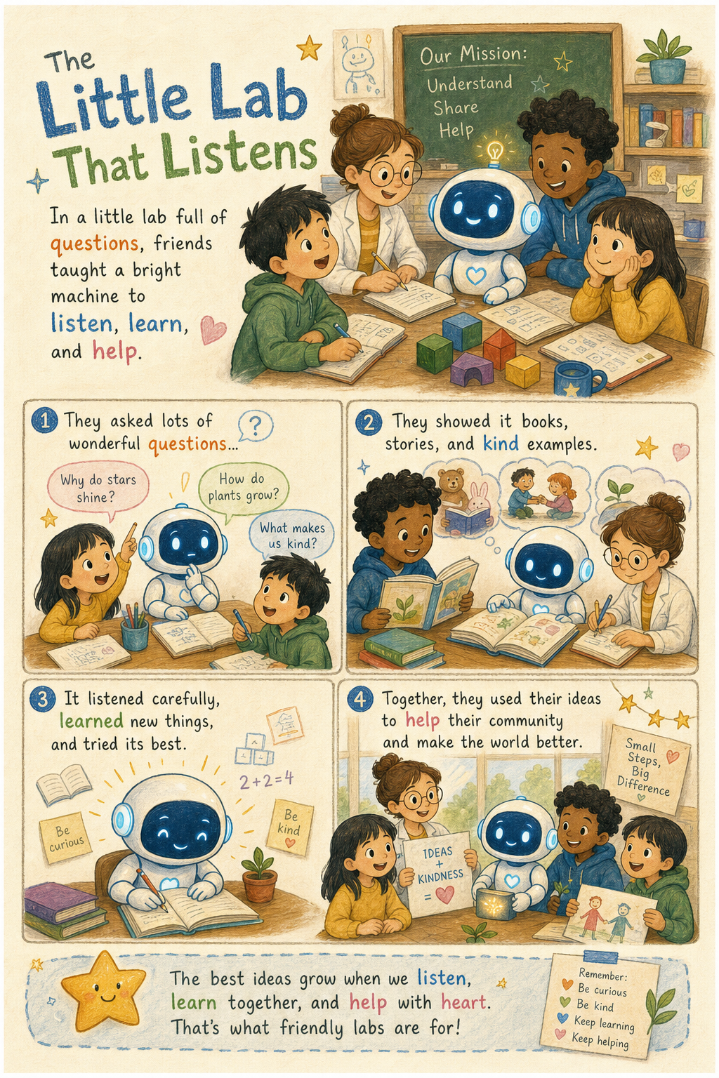 Vertical children's picture book page on warm off-white paper showing a friendly AI research lab story in soft gouache and colored pencil panels