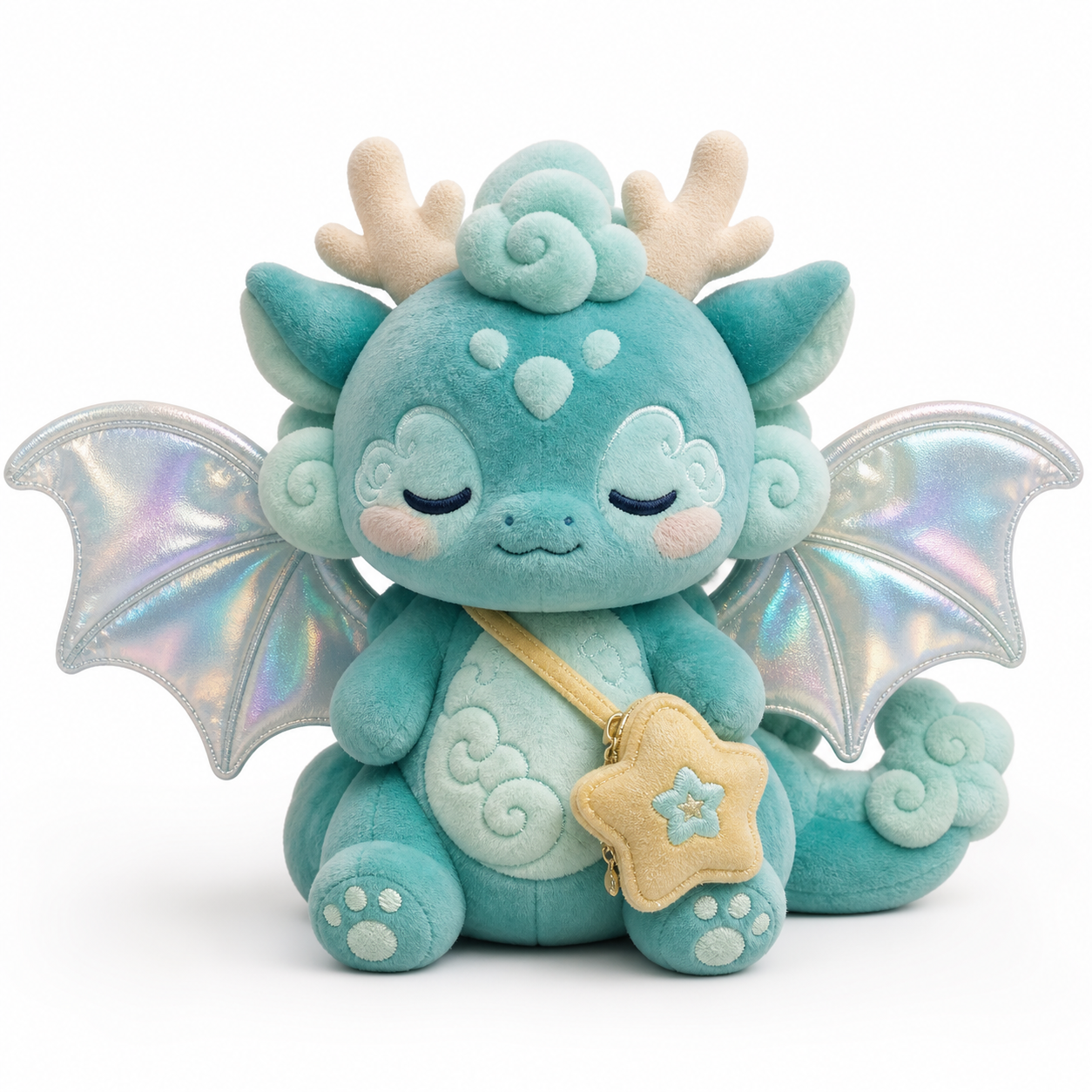 Cute centered 3D render of a teal plush cloud dragon collectible with pearlescent wings and a small star backpack on a clean white background