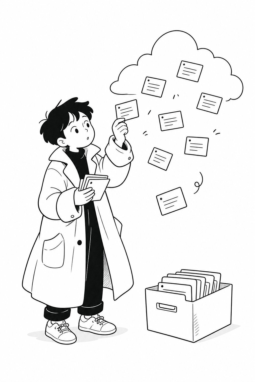 Minimal black-and-white editorial illustration of a young cloud archivist in a trench coat sorting floating note cards on a white background