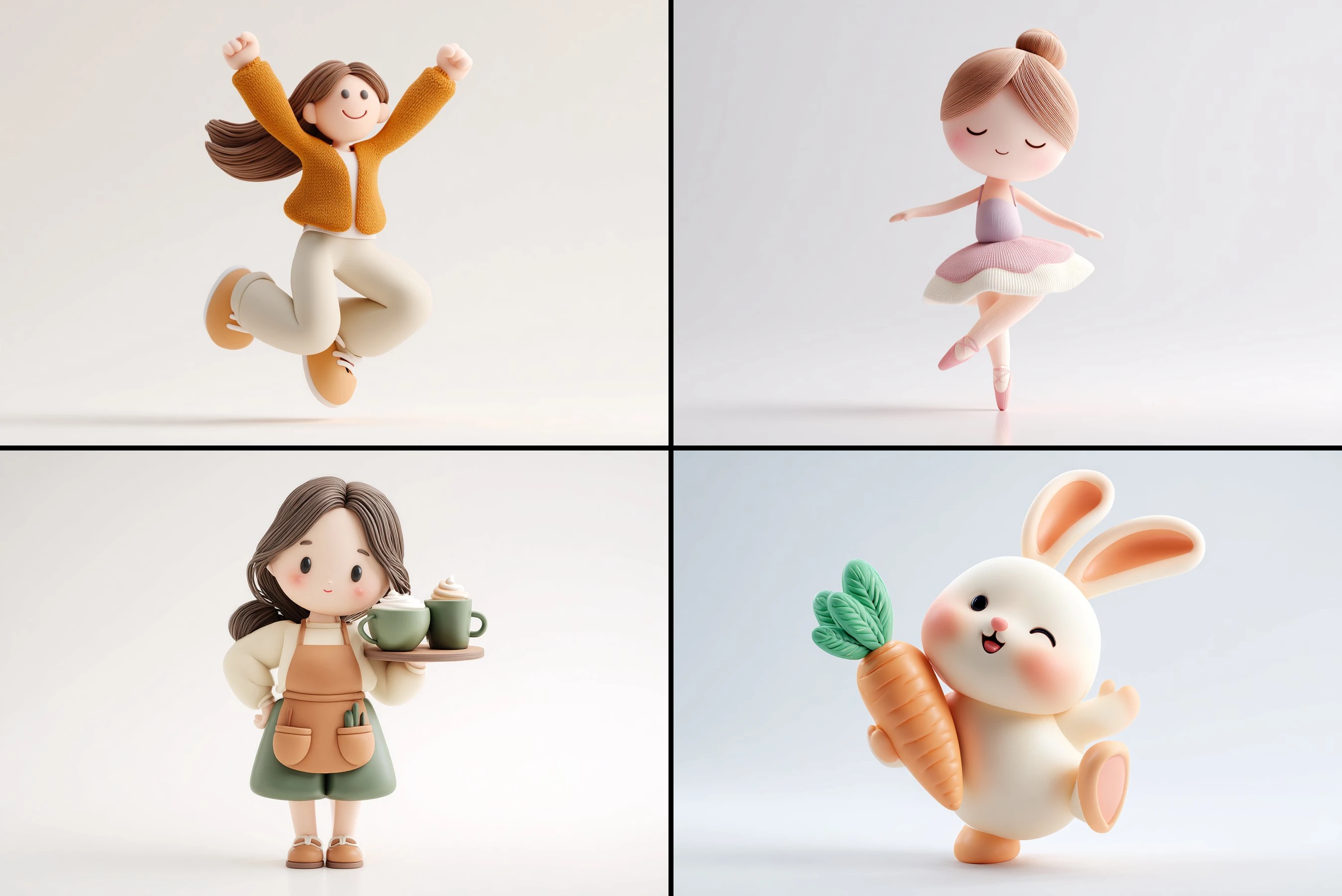 Four cute 3D kneaded clay icon-style character examples from an attributed X prompt share