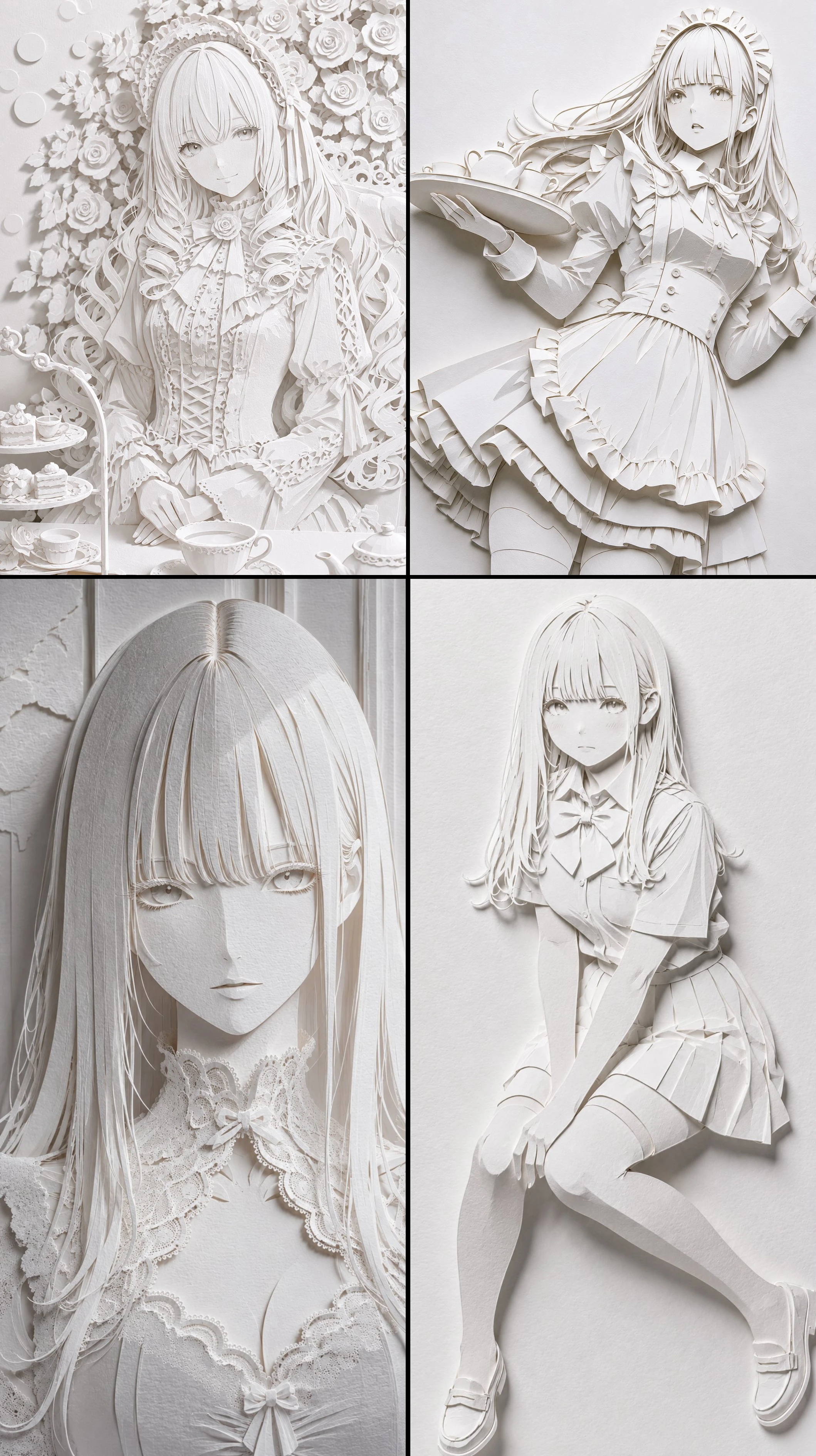 Four realistic white papercraft illustration transformation examples from an attributed X prompt share