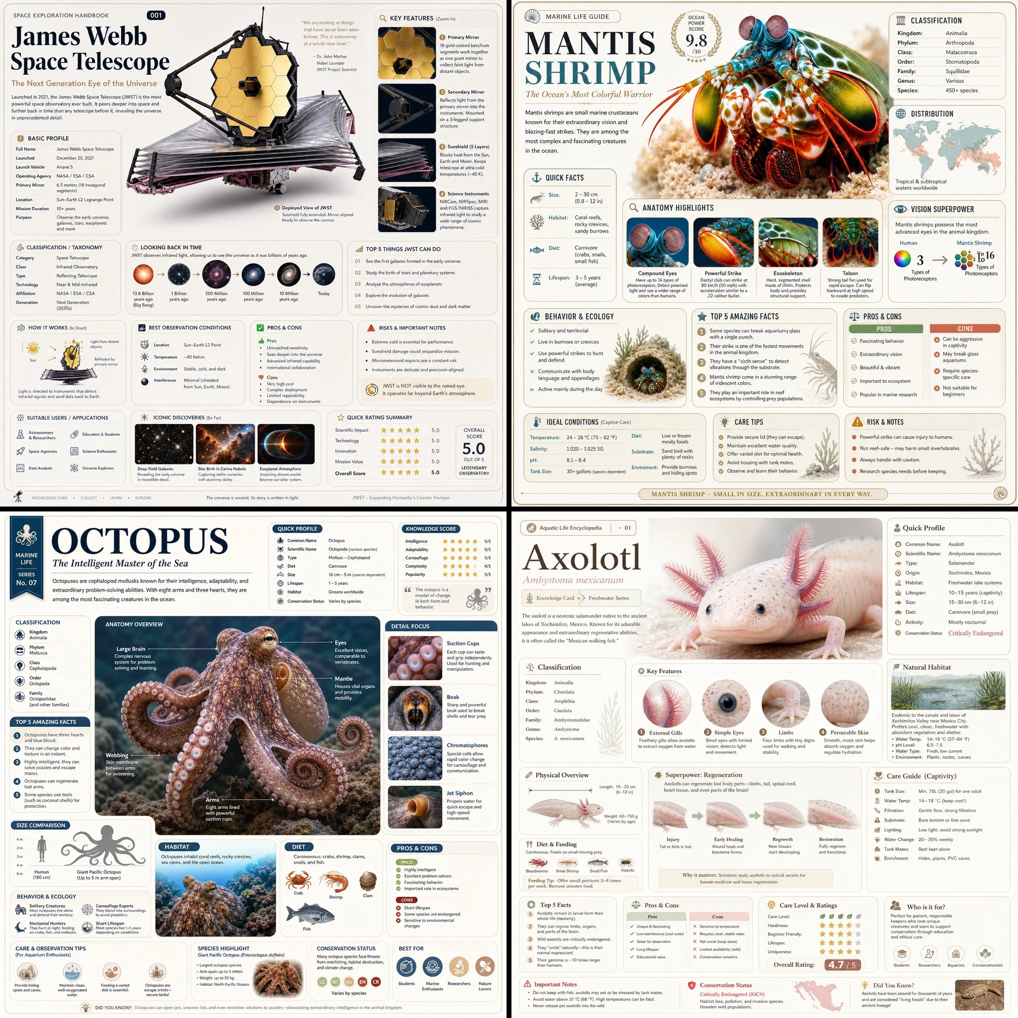 Four encyclopedia-style educational infographic examples from an attributed GPT Image 2 X prompt share