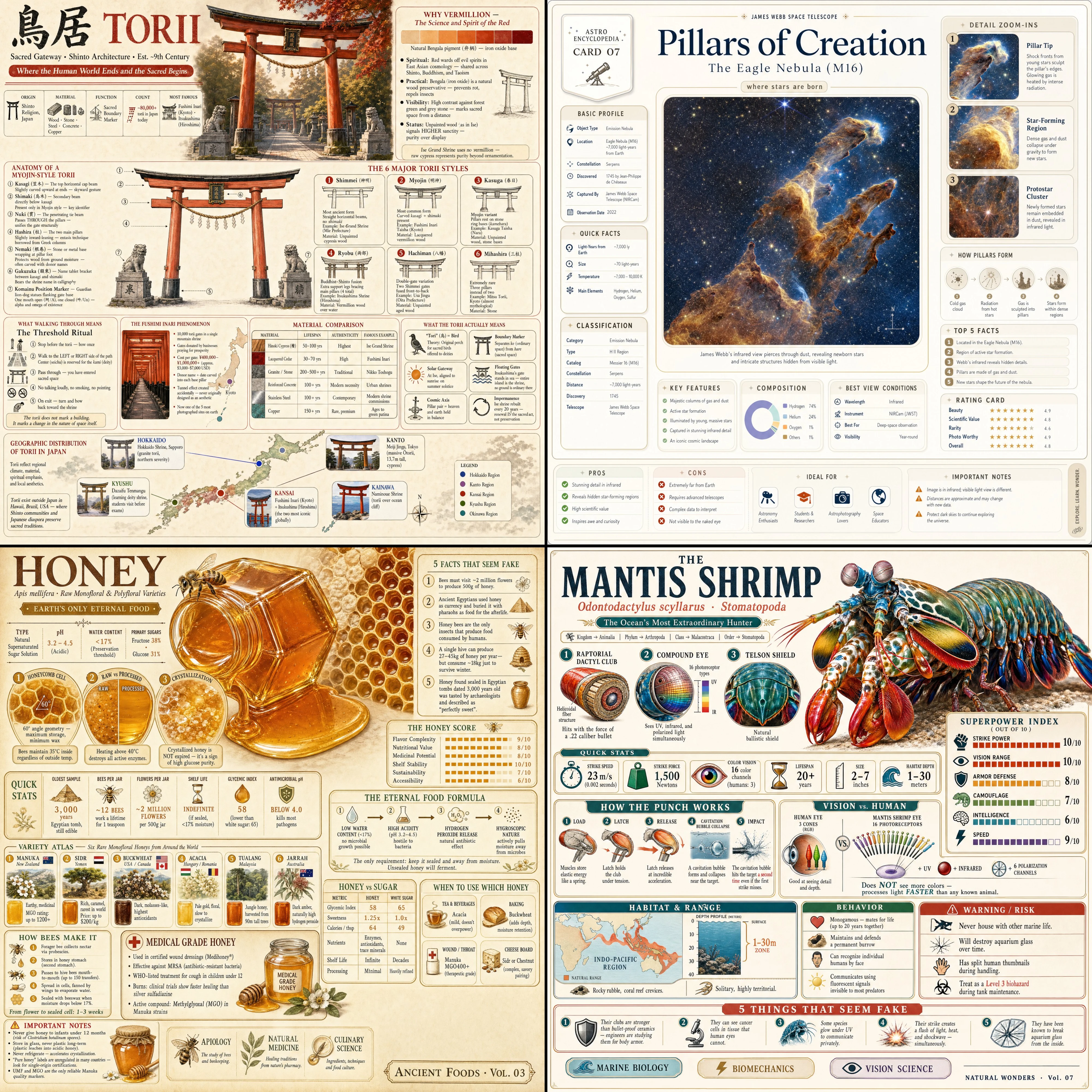 Four mantis shrimp encyclopedia-style infographic examples from an attributed GPT Image 2 X prompt share