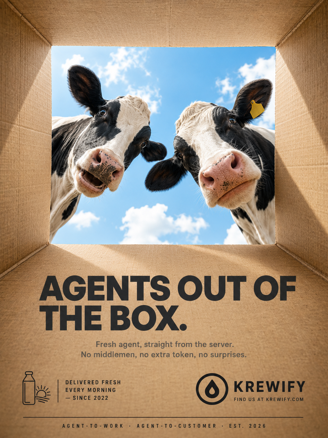 View from inside a cardboard box looking up at two Holstein cows against a blue sky, with the headline AGENTS OUT OF THE BOX.