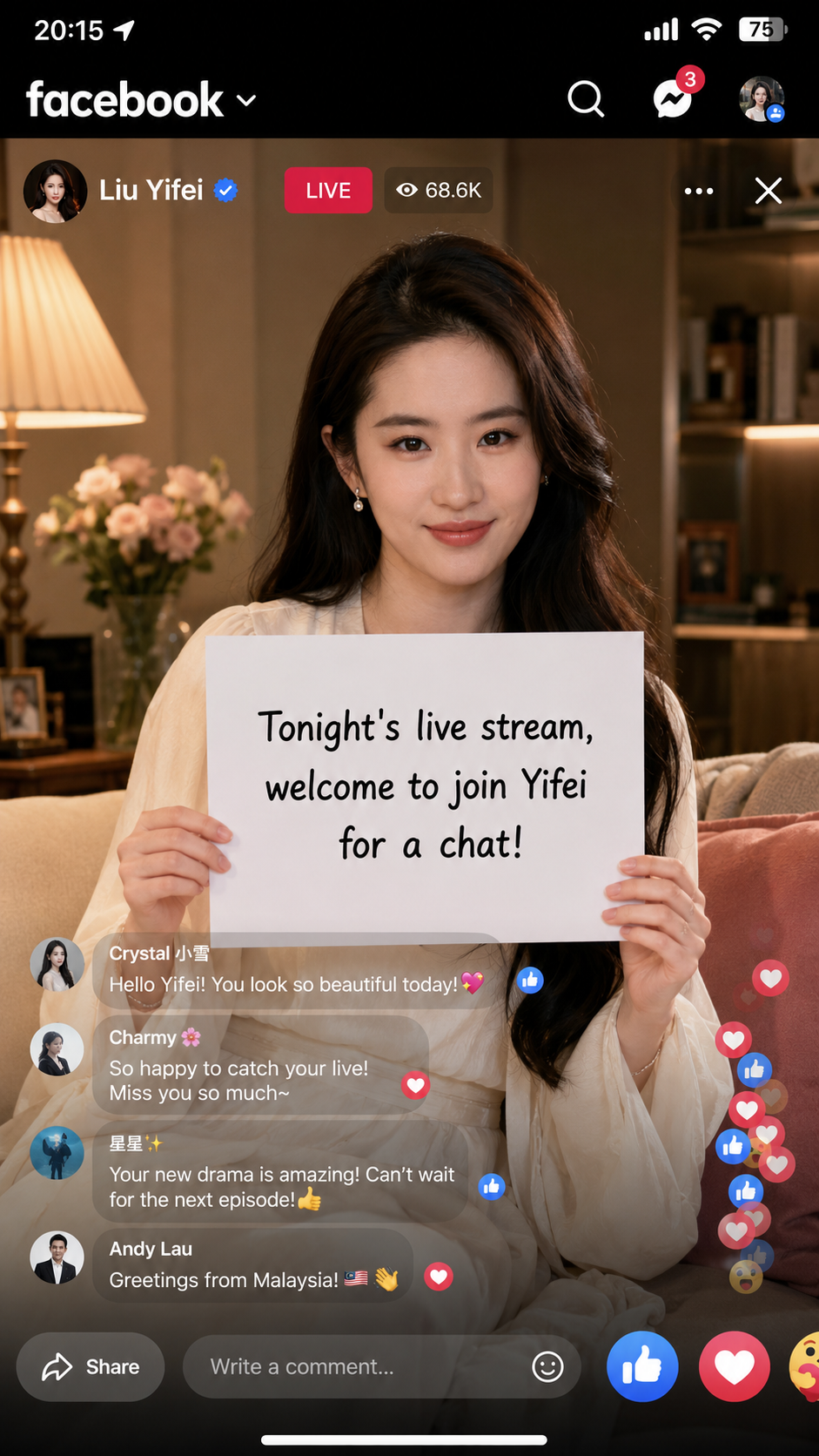 Facebook live stream screenshot of a creator holding a sign that reads: Tonight's live stream, welcome to join Yifei for a chat!