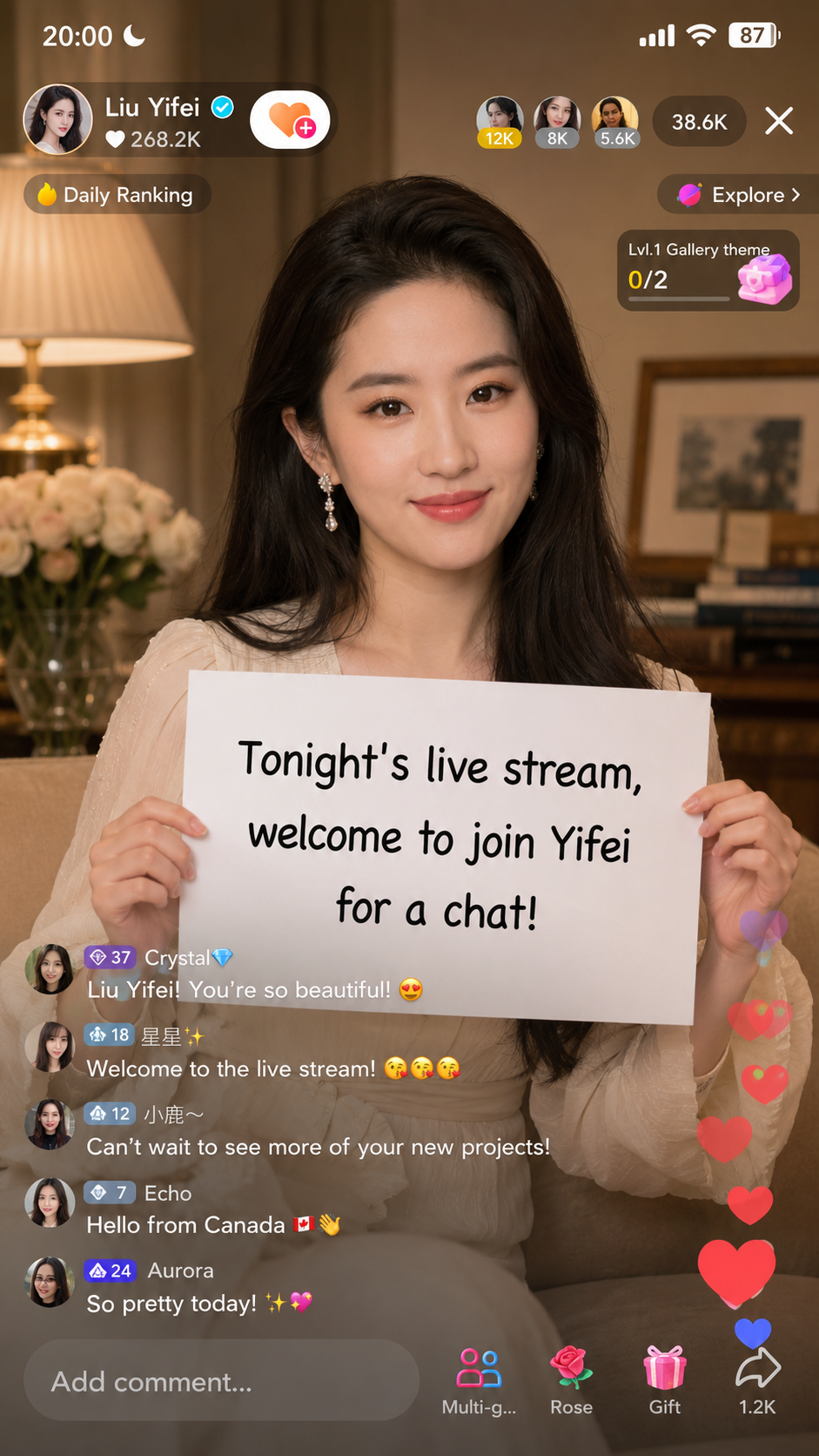 TikTok live stream screenshot of a creator holding a sign that reads: Tonight's live stream, welcome to join Yifei for a chat!